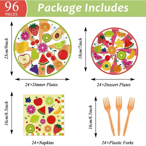 PYAN-96 Pcs Fruits Paper Plates Tutti Summer Fruit Birthday Party Decorations Disposable Fruit Tableware Party Supplies Favors for 24 Guests