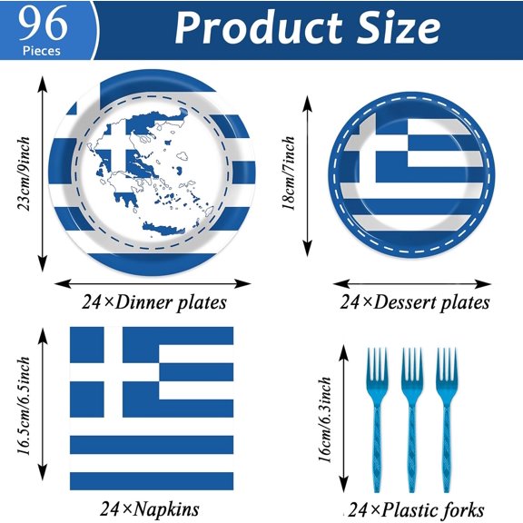 PYAN-96 Pcs Greek Flag Greece Plates and Napkins Party Supplies Greek Flag Birthday Party Tableware Set Blue Greece Birthday Decorations Favors for Greek Family Gathering Dining for 24 Guests