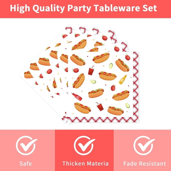PYAN-96 Pcs Hotdog Party Decorations, Fast Food Disposable Dinnerware Set, BBQ Picnic Plates, Napkins & Forks for 24 Guests, Summer Birthday Cookout Supplies