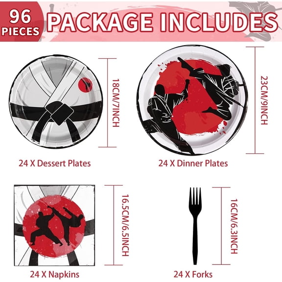 PYAN-96 Pcs Karate Party Supplies Disposable Karate Themed Plates and Napkins Tableware Sets Karate Birthday Decorations for Boys Ninja Birthday Party Decorations Martial Arts Favors Serves 24