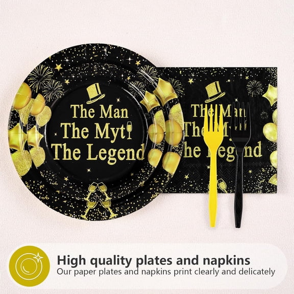 PYAN-96 Pcs The Man The Myth The Legend Party Supplies Black and Gold Plates and Napkins Disposable Men's Birthday Tableware Set for Father's Day Retirement Party Decorations Serves 24