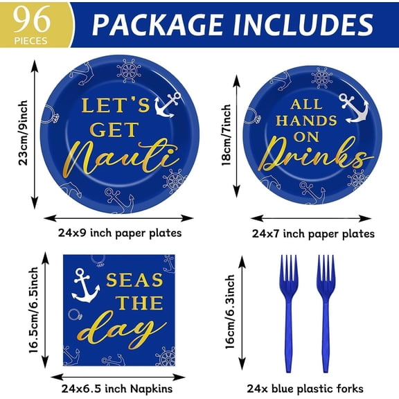 PYAN-96 Pcs Nautical Bachelorette Party Plates and Napkins for Let's Get Nauti Yacht Party Supplies Nautical Sailor Themed Paper Dessert Plates Bridal Shower Tableware Set for 24 Guests Party Decorat