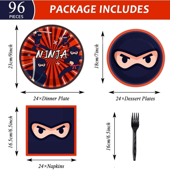 PYAN-96 Pcs Party Decorations Supplies Ninja Master Tableware Set Karate Theme Party Dessert Plates Napkins Forks for Ninja Warrior Birthday Party 24 Guests