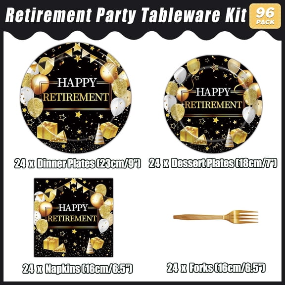 PYAN-96 Pcs Retirement Party Plates and Napkins Set, Happy Retirement Party Supplies Decorations for Men Women Gold and Black Farewell Going Away Disposable Dinnerware Tableware Kit, Serves 24