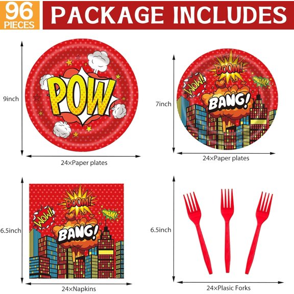 PYAN-96 Pcs Super Theme Hero Plates For Red Hero Party Supplies Plates Napkins Forks Hero Theme Birthday Party Decorations Birthday Disposable Dinnerware Tableware for Boys Girls Serves 24