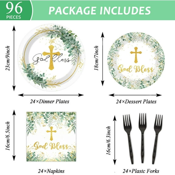 PYAN-96 Pieces God Bless Party Plates Baptism Theme Party Decorations First Holy Communion Paper Plates and Napkins Mi Bautizo Eucalyptus Leaves Sage Disposable Dessert Tableware Set Supplies 24 Gues