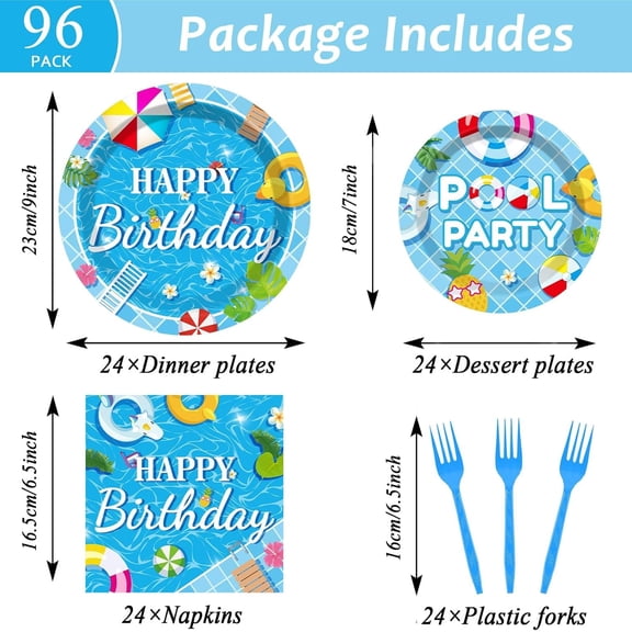 PYAN-96 Pieces Pool Birthday Party Tableware Set for Summer Beach Table Decorations Supplies Beach Ball Dessert Plates Summer Pool Party Napkins Forks for 24 Guests Hawaiian Birthday Party Favors