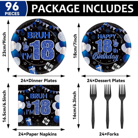 PYAN-96PCS 18th Birthday Party Paper Plates and Napkins and Forks Set for Blue and Silver Bruh I'm 18 Years Old Party Paper Plates Disposable Decor Happy 18th Parties Set for Teens Birthday Decoratio