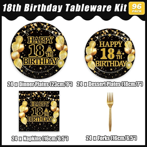 PYAN-96Pcs 18th Birthday Party Tableware Set, Black Gold Time To Adult Birthday Party Decorations Supplies for Boys Girls Cheers to 18 Years Disposable Paper Plates Napkins Forks Favors, Serve 24