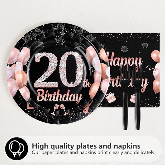 PYAN-96Pcs 20th Birthday Decorations for Men Women Black and Rose Gold 20th Plates and Napkins Disposable Rose Gold 20 Happy Birthday Tableware Set for Women 20 Years Old Party Supplies, Serves 24