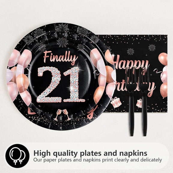 PYAN-96Pcs 21th Birthday Decorations for Men Women Black and Rose Gold 21th Plates and Napkins Disposable Rose Gold 21 Happy Birthday Tableware Set for Women 21 Years Old Party Supplies, Serves 24