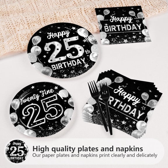 PYAN-96Pcs 25th Birthday Decorations for Men Women Black Silver 25th Birthday Party Plates Disposable Paper Tableware Set for Women Men Happy 25 Year Old Party Supplies, Serves 24