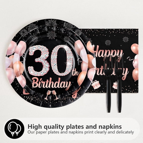 PYAN-96Pcs 30th Birthday Decorations for Men Women Black and Rose Gold 30th Plates and Napkins Disposable Rose Gold 30 Happy Birthday Tableware Set for Women 30 Years Old Party Supplies, Serves 24
