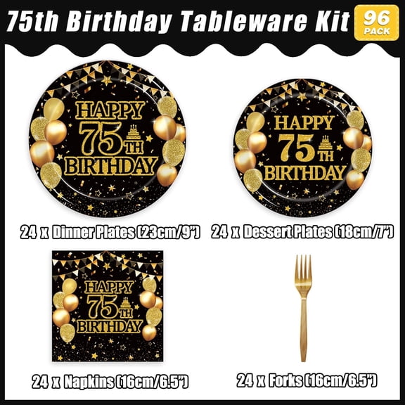 PYAN-96Pcs 75th Birthday Party Tableware Set, Back in 1951 Birthday Party Decorations Supplies for Men Women Cheers to 75 Years Disposable Paper Plates Napkins Forks Favors, Serve 24