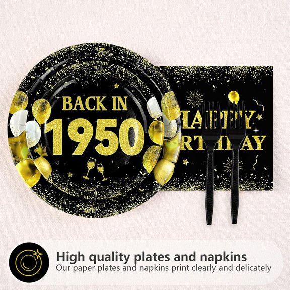 PYAN-96Pcs 76th Birthday Decorations for Men Women Black Gold 76th Birthday Party Plates Back In 1950 Disposable 76 Paper Tableware Set for Happy 76 Year Old Party Supplies Serves 24