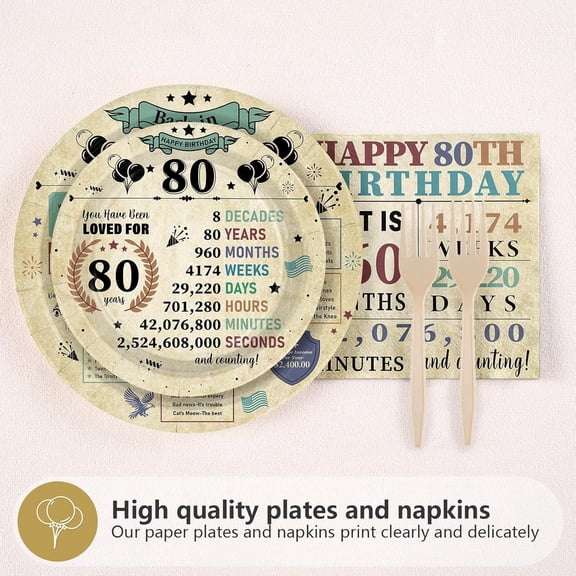 PYAN-96Pcs 80th Birthday Decorations for Men Women 80th Birthday Party Plates and Napkins Back in 1946 Party Supplies Vintage 80 Years Old Tableware Set for Men and Women Serves 24