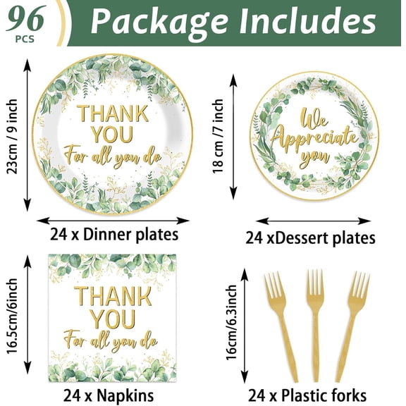 PYAN-96Pcs We Appreciate You Decorations Thank You for All You Do Plates and Napkins Eucalyptus Thank You Party Decor Retirement Tableware Dinnerware for Employee Teacher Graduation Minister Party Su