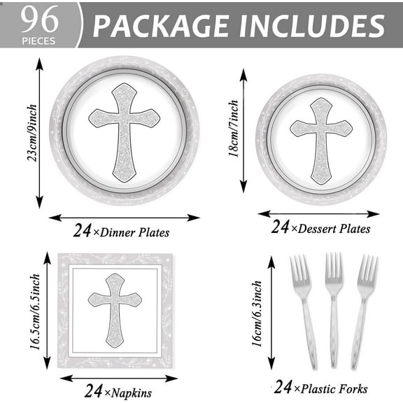 PYAN-96Pcs Baptism Cross Plates and Napkins First Holy Communion Birthday Party Decorations Gray Religious Christening Ceremony Dessert Plates Tableware Set for 24 Guests Cross Baptism Party Supplies