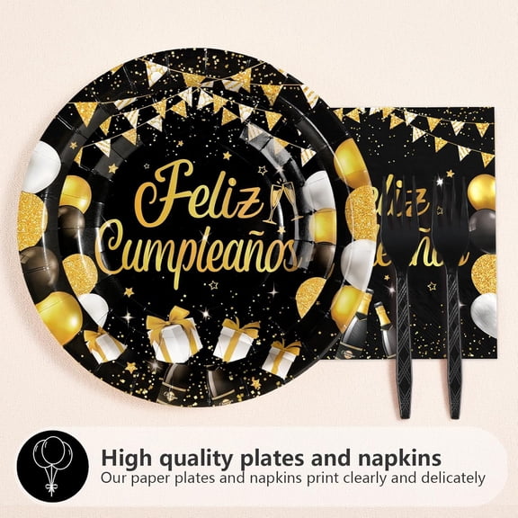 PYAN-96Pcs Black and Gold Birthday Party Supplies Feliz Cumpleaos Gold Glitter Plates and Napkins Feliz Cumpleaos Happy Birthday Tableware Set for Men Women Spanish Party Decorations Serves 24