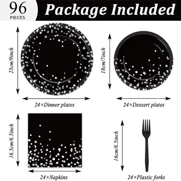 PYAN-96 Pcs Black and Silver Party Supplies Paper Plates Napkins Silver Dot on Black Party Birthday Tableware Kit Black and White Birthday Decorations Favors Serves 24, MM1220