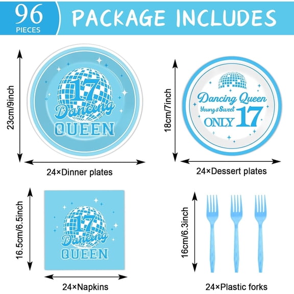 PYAN-96Pcs Dancing Queen 17th Birthday Party Supplies Young and Sweet Only 17 Birthday Paper Plates Napkins Disposable Dancing Queen Disco Dinnerware for Party Bachelorette Decoration Serve 24