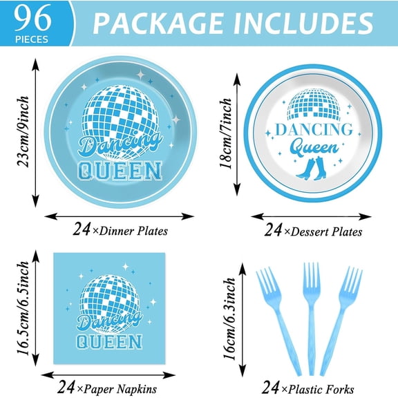 PYAN-96Pcs Dancing Queen Party Supplies Dancing Queen Paper Plates Napkins Disposable Blue Disco Party Tableware Set 70s Disco 17th Birthday Dinnerware for Bachelorette Decoration Serve 24