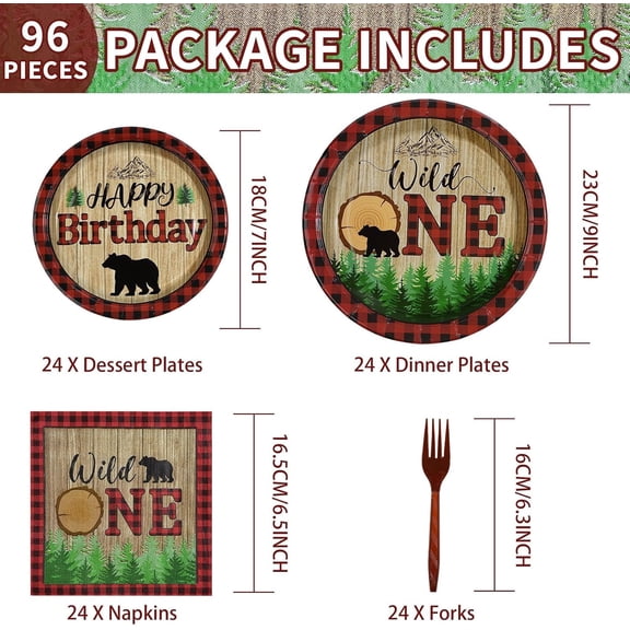 PYAN-96Pcs Lumberjack Wild One Birthday Decorations Buffalo Plaid Lumberjack Plates Disposable 350GSM Wild One Bear Woodland Tableware Set for Camping Hunting First Birthday Party Decorations, Serves