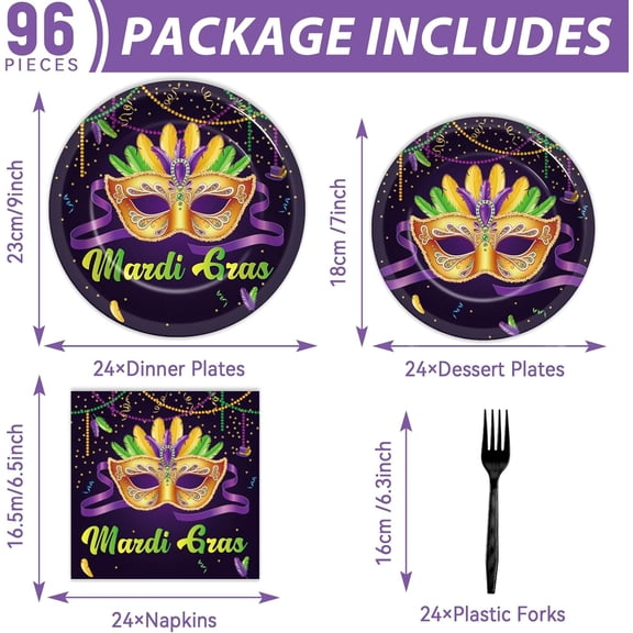 PYAN-96Pcs Mardi Gras Party Supplies Mardi Gras Paper Plates Napkins Forks Black Masquerade Mask Dinnerware Disposable New Orleans Party Decorations MardiGrass Tableware Serves 24