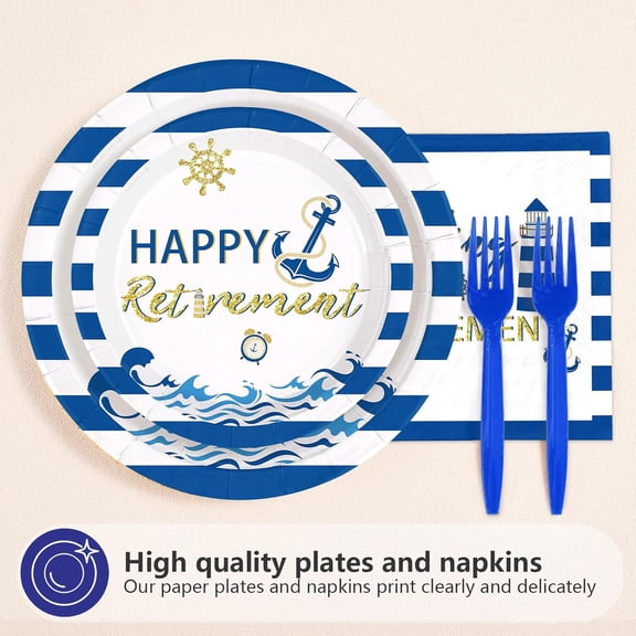 PYAN-96Pcs Nautical Retirement Decorations Sailing into Retirement Plates and Napkins Tableware Sets Navy Blue Gold Decorations for Sailor Men Retirement Theme Farewell Supplies Serves 24