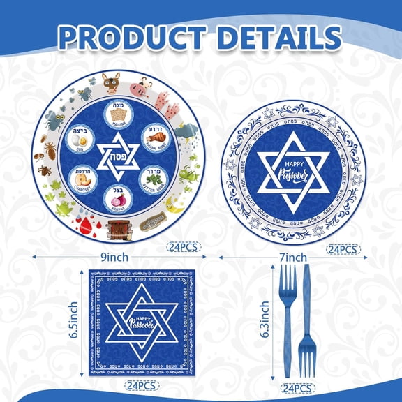 PYAN-96Pcs Passover Seder Party Decorations Tableware Set Happy Passover Paper Plates Napkins Forks Judaica Passover Theme Party Supplies Serve 24 Guests