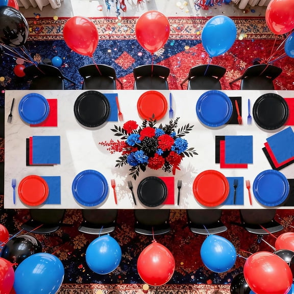 PYAN-96Pcs Red and Blue Spider Party Decorations Red Blue and Black Spider Birthday Plates and Napkins Super Themed Friends Decorations for Boys Super Theme Hero Birthday Friends Party Supplies Serve