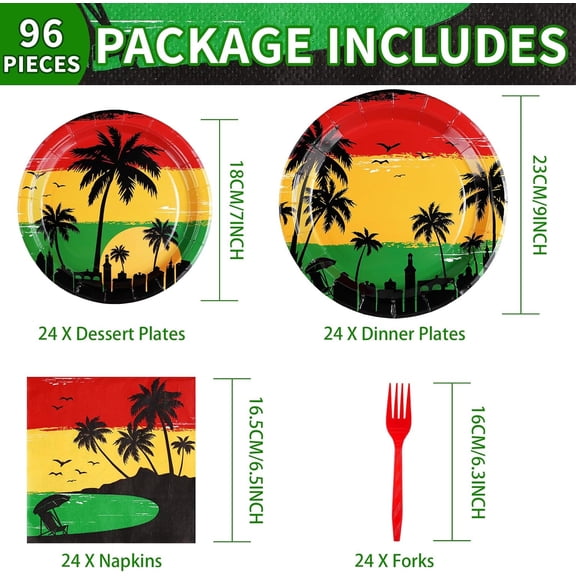 PYAN-96Pcs Reggae Birthday Party Supplies Jamaican Rastafari Palm Tree Plates and Napkins Tableware Summer Music Jamaican Party Decoration for Grafitti Jamaica Festival Hawaiian Party Favors, Serves