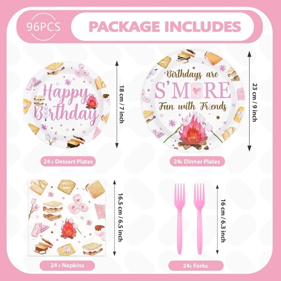 PYAN-96Pcs S'mores Camping Birthday Decorations Birthdays Are Smore Fun with Friends Plates and Napkins Pink Camping Theme Tableware Set for Girls Camper Campfire Bonfire Birthday Party Supplies Ser