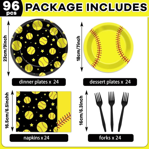 PYAN-96Pcs Softball Birthday Party Decorations Paper Plates and Napkins Sets Sports Theme Dessert Disposable Tableware Black Yellow Softball Plates Supplies Team Sport Party Gifts Favors for 24 Guest