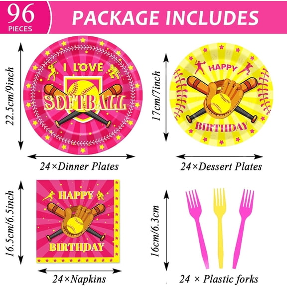 PYAN-96Pcs Softball Party Supplies Softball Theme Paper Plates Napkins Softball Party Decorations Pink Softball Dinnerware Party Favor Girl Birthday Party Tableware Serves 24