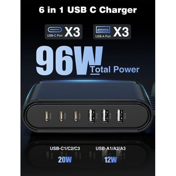 PYAN-96W 6Port GaN USB C Hub Charging Station Block with 3 PD 3.0 & 3 USB A Ports - High-Speed Fast Charging Cube Box Power Adapter Plug for iPhone Pro Max,Samsung Android,More,with 2 x 3Ft C Cable