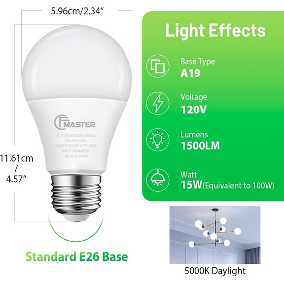 PYAN-A19 LED Light Bulb, LED Bulbs 100 Watt Equivalent, 5000K Daylight Light Bulbs, 1500 Lumens, E26 Standard Base Lightbulb, Non-Dimmable 15W Bright White Bulbs for Home, ETL Listed(20-Pack)