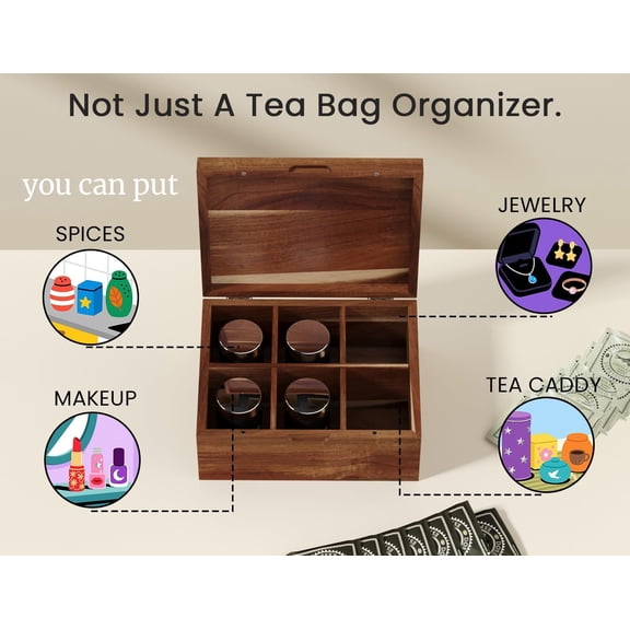 PYAN-Acacia Wood Tea Bag Organizers, Tea and Sugar Packet Storage Chest with Lid, Wooden Teabag Holder Containers,Storage Box Teabox with 6 Compartments