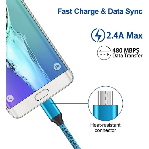 PYAN-Android Phone Wall Charger Cube Block with Micro USB Cable Compatible for Moto E, G, G5 Plus/E5 Play E6 E4, Samsung Galaxy Note 5/4 S7 S6 J8 J7 J7V J3V, Tablet, USB A Nylon Bradied Cord 6FT 3 Pa