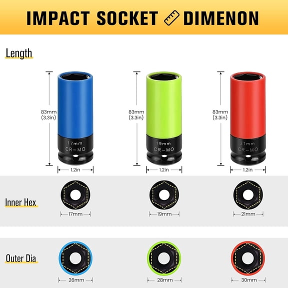 PYAN-BOEN 1/2" Drive Wheel Protector Impact Socket, Non-Marring Lug Nut Thin Wall Deep Socket Set, CR-MO, 6 Point, Color-Coded Protective Socket | Metric 17 19 21 mm (3 PCS)