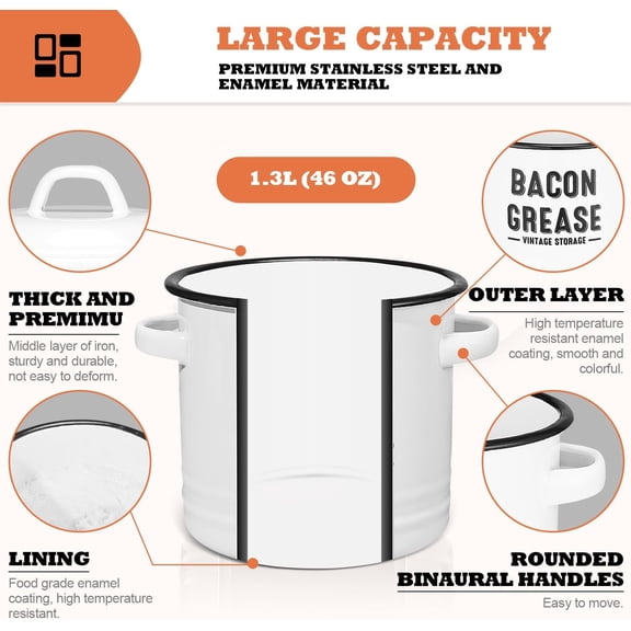 PYAN-Bacon Grease Container with Strainer - Large 46OZ Kitchen Oil Storage Can, Food Saver Bin with Lid | Farmhouse Cooking Pot Keeper Collector, Dishwasher Safe-White