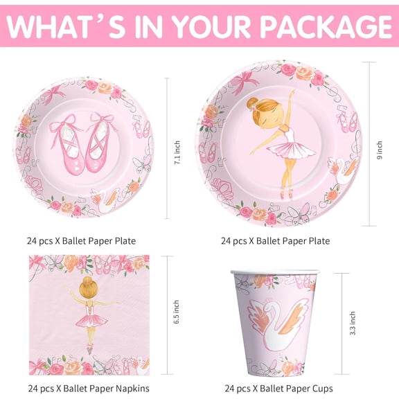 PYAN-Ballerina Birthday Party Decorations Tableware, Ballerina Theme Dancing Girl Ballet Party Supplies, Paper Plate, Cup, Napkin, Tablecloth, Disposable Cutlery, Straw, Serves 24