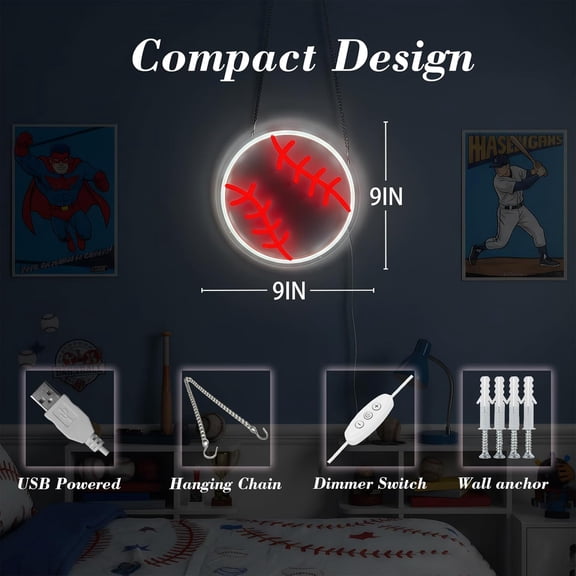 PYAN-Baseball Neon Sign for Wall Decor, Dimmable LED Light for Bedroom Sports Room Decor, Baseball Gifts for Boys 8-12, 9 x 9 Inches