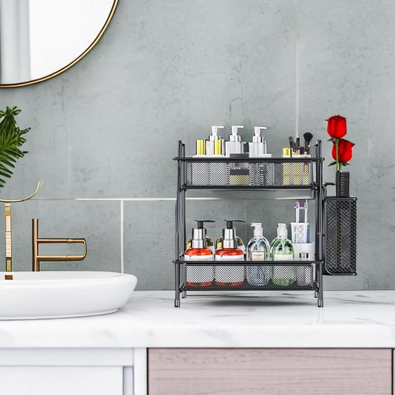 PYAN-Bathroom Organizer with Basket, 2-Tier Bathroom Tray for Countertop Storage Shelf, Bathroom Counter Organizer, Vanity Organizer and Storage Kitchen Counter Organizers Spice Rack