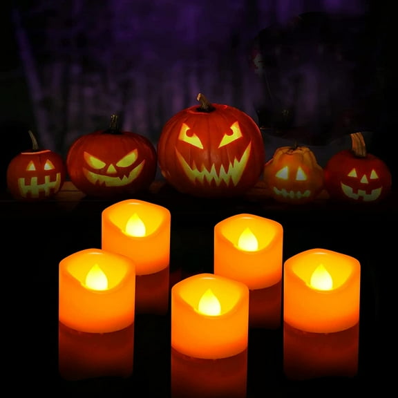 PYAN-Battery Operated Flameless Tea Lights Orange Flickering LED Electric Fake Votive Tealight Candles Halloween Pumpkin Thanksgiving Christmas Decorations Centerpieces 24 Pack Batteries Incl