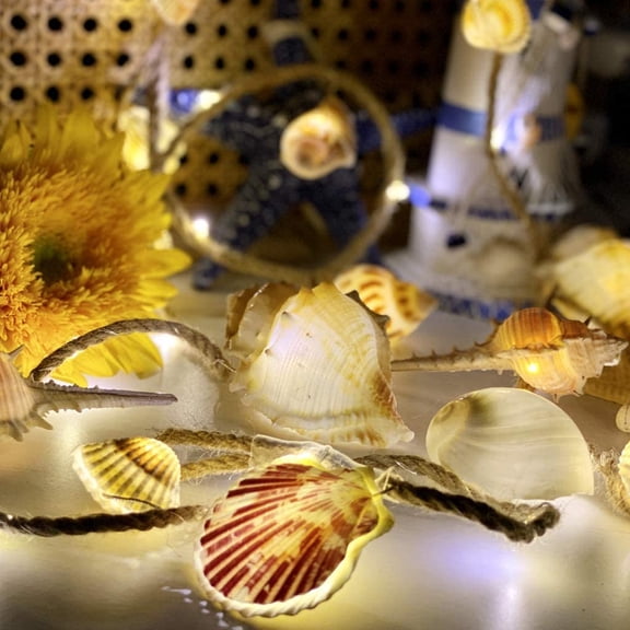 PYAN-Beached Themed Sea Shell Decorative Conch Hemp Rope Lights, Nautical Night String Lights Lit by 39 LEDs 19 Shells 6.6 feet Battery Powered for Summer Camping Wedding Birthday Bedroom Home Partie
