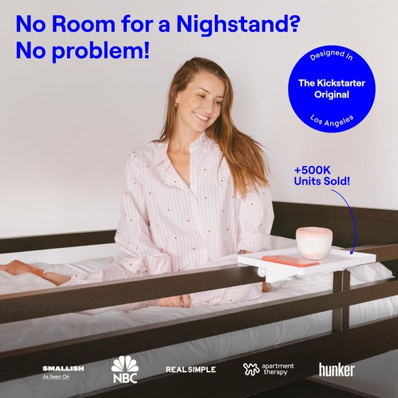 PYAN-Bedside Shelf for Dorm Room Bunk Bed & Top Bunk, College Dorm Room Essentials, Bedside Caddy, Clip on Floating Desk Tray, Bed Side Table Storage, Loft Nightstand Decor - Cable Catch, White