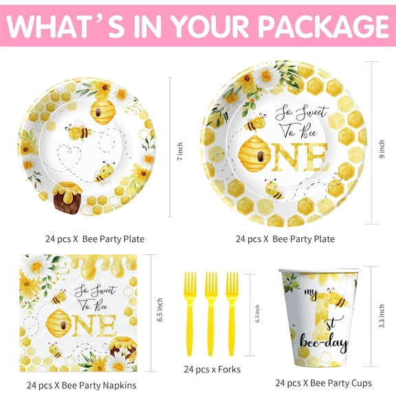 PYAN-Bee 1st Birthday Party Supplies - Bumble Theme First Bee Day Birthday Decorations Dinnerware, Paper Plates, Cups, Napkins, Tableware Party Forks | Serve 24
