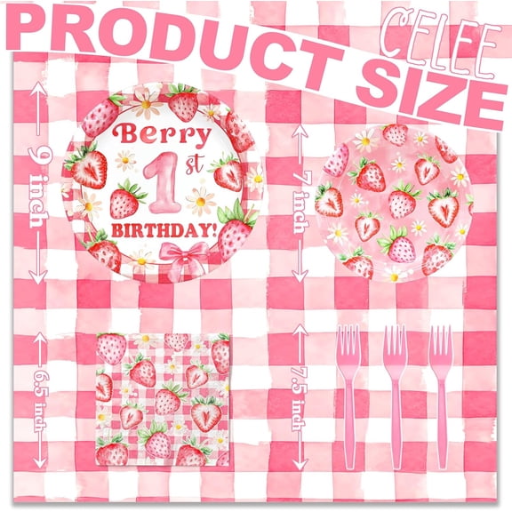 PYAN-Berry First Birthday Party Supplies for 20 Guests Strawberry Plates Napkins and Forks Girls 1st Birthday Disposable Tableware Set