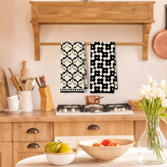 PYAN-Black Beige Moroccan Kitchen Towels Set of 2, Retro Boho Abstract Dish Tea Towels for Kitchen Decor, Retro Mid Century Modern Hand Towel for Bathroom Decor, 16x24 Inches